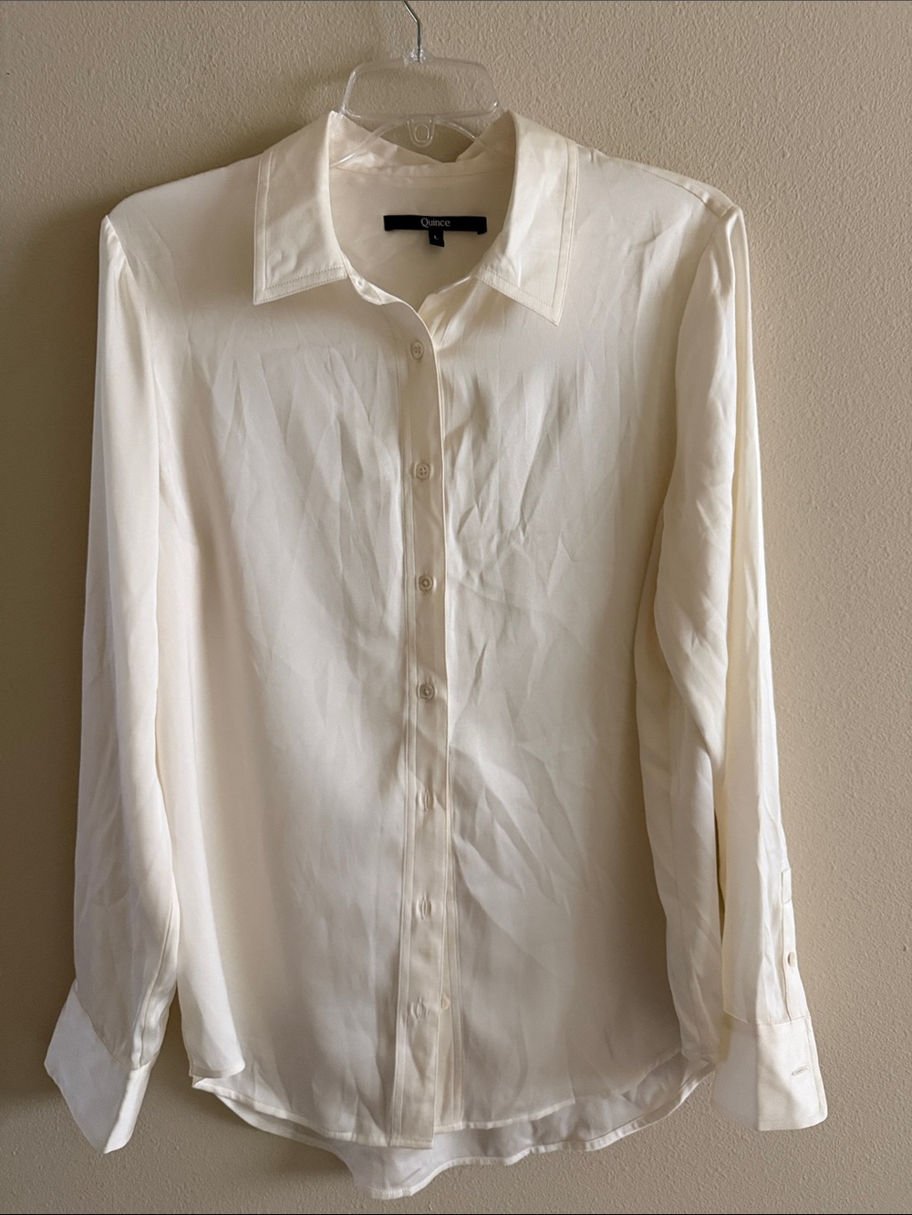 Quince Cream Long-Sleeve Button-Up Washable Silk Blouse